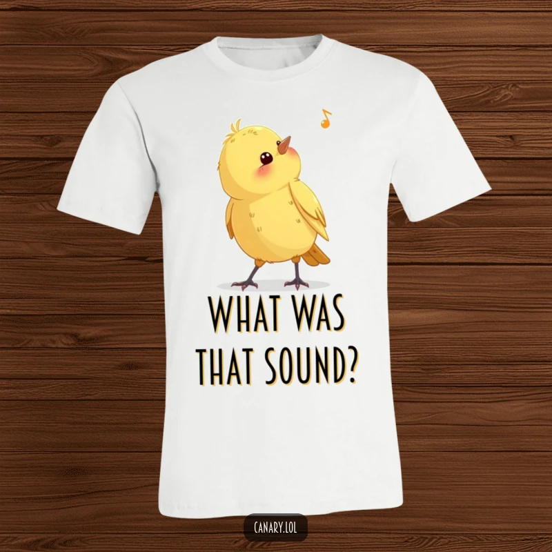 Funny curious canary bird t-shirt, head tilted listening to a distant sound, showcasing inquisitiveness and charm, a humorous apparel gift.