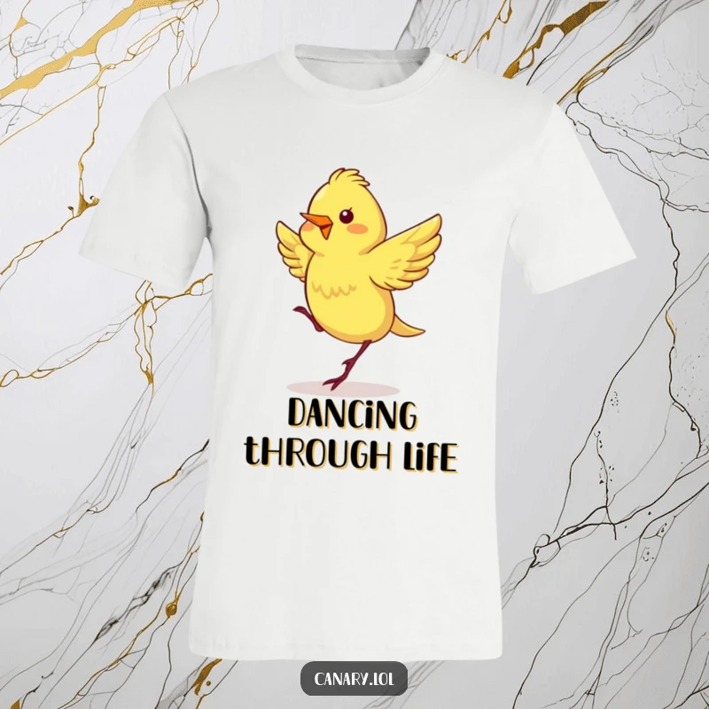 Funny t-shirt featuring a lively canary with rapidly fluttering wings, engaged in an energetic and joyful happy dance.