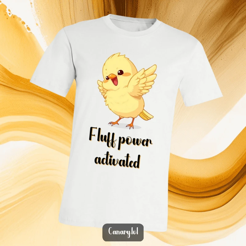 Funny T-Shirt of a fluffy canary bird energetically fluttering its wings in a display of pure, unadulterated excitement.