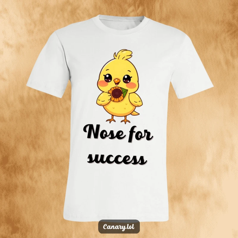 Funny canary bird t-shirt, radiant smile, balancing a sunflower seed on its nose, cheerful and skilled depiction.