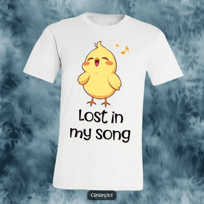 Funny canary bird t-shirt, captured mid-song with eyes closed and head tilted back in blissful happiness.