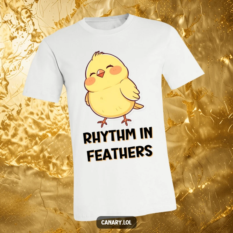 Funny T-Shirt of a happy canary with dramatically puffed cheeks, rhythmically bobbing its head, a comedic avian spectacle.