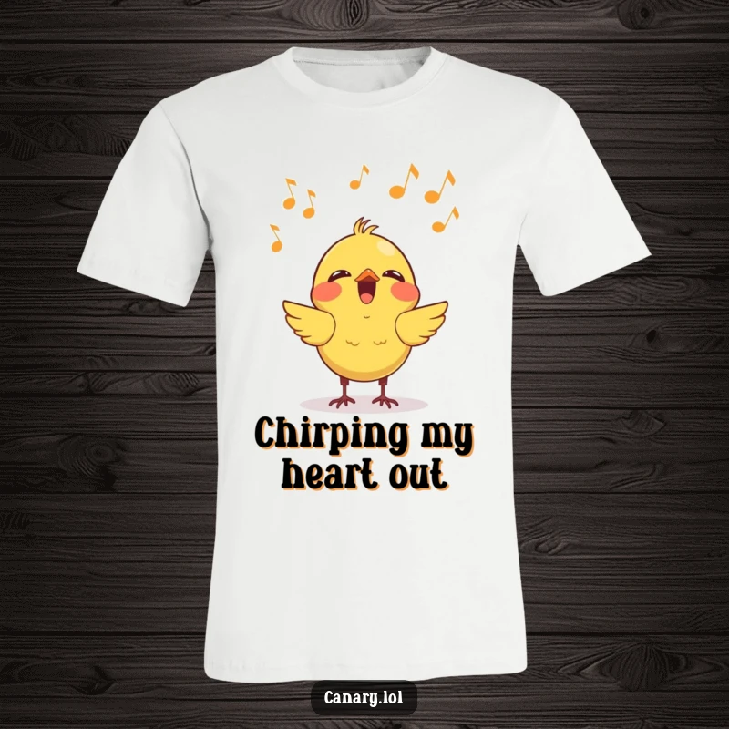 Funny kawaii canary t-shirt design featuring a cheerful bird mid-song with musical notes drifting upwards, a joyful and humorous apparel choice.