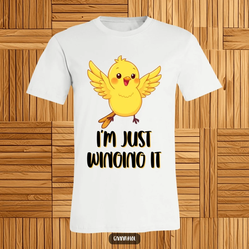 Funny kawaii canary bird t-shirt, wings fluttering with playful energy, a humorous and active design.