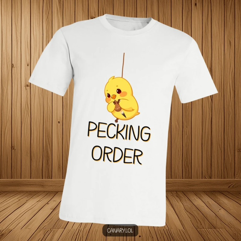Funny Canary T-Shirt: Vibrant yellow bird playfully pecking at a dangling seed, showcasing a fun and focused moment.