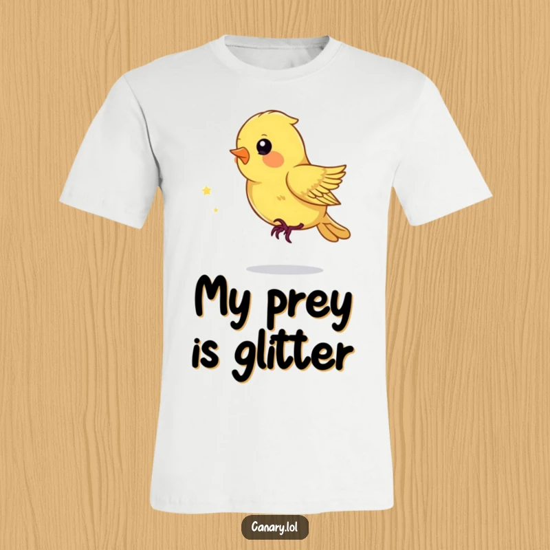 Funny T-Shirt depicting a playful canary bird in mid-air, eagerly chasing a shimmering dust mote.