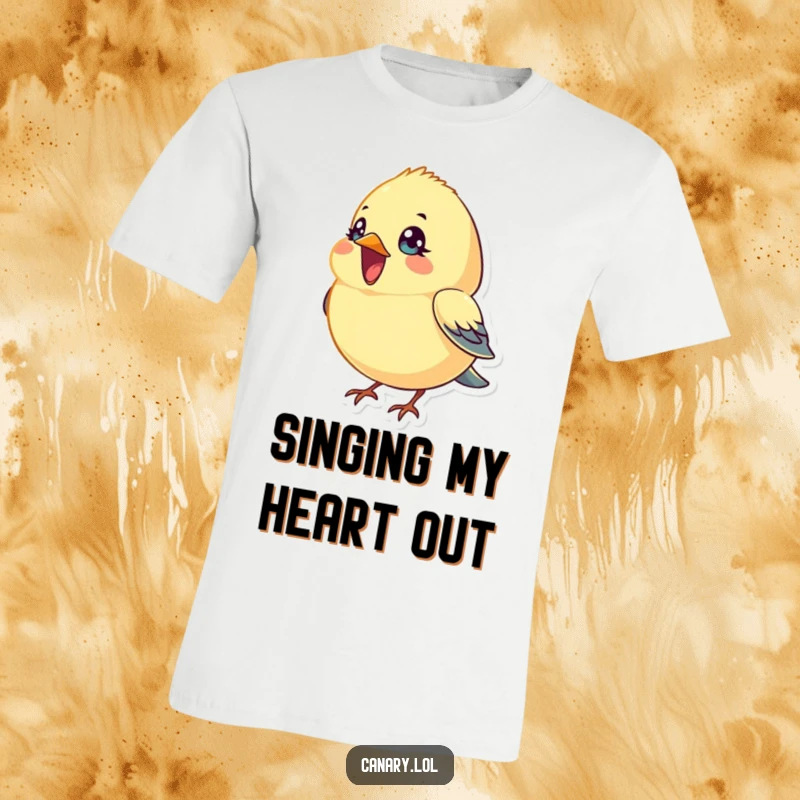 Funny T-Shirt: A small, round canary bird with wide, bright eyes is captured mid-song, beak open in a cheerful, melodious display.