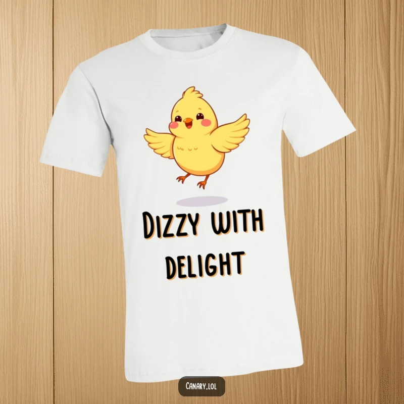 Funny T-shirt showcasing a ecstatically happy canary spinning rapidly in a circle, wings outstretched and flapping wildly, a picture of pure bliss.