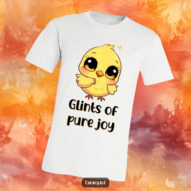 Funny stylized canary t-shirt featuring a bird with big bright eyes pecking a golden sparkle, embodying whimsical pursuit and humorous charm.