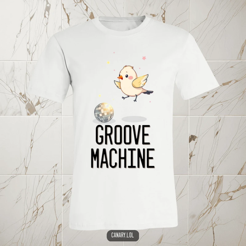 Funny t-shirt depicting a bird joyfully hopping around a glittering disco ball, embodying pure party spirit.