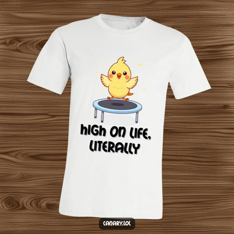 Funny T-shirt featuring a super cute kawaii canary with a huge smile, mid-bounce on a trampoline, radiating pure, infectious happiness.