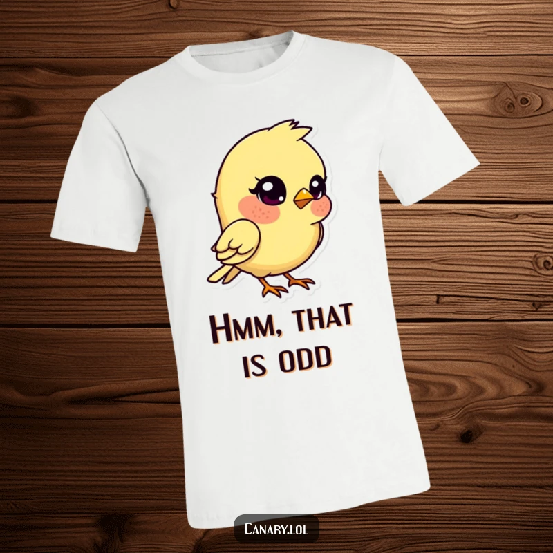 Funny kawaii canary bird t-shirt, head tilted in a quizzical expression, a humorous and thoughtful design.