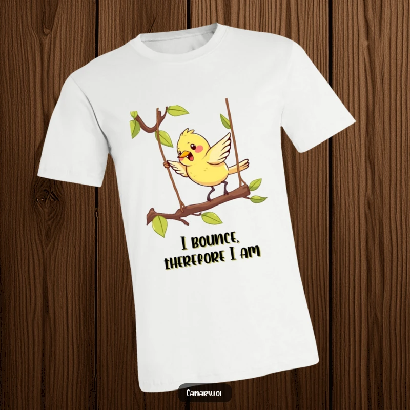 Funny Kawaii Canary T-Shirt displaying a super cute bird joyfully hopping on a swinging branch, showcasing its energetic and cheerful personality.