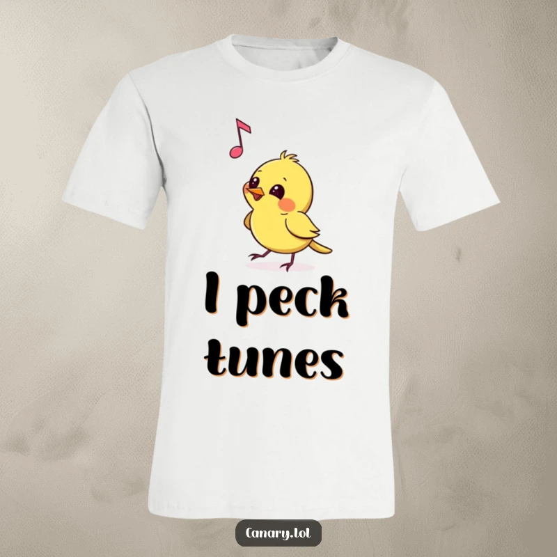 Funny T-Shirt depicting a canary pecking at a floating musical note with a mischievous glint in its eye, symbolizing playful interaction with music.