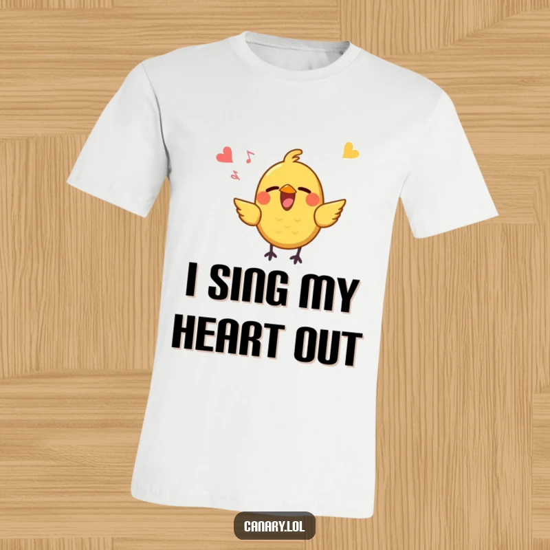 Funny T-Shirt depicting a small, yellow bird with a wide-open beak singing with pure joy, embodying happiness and cheerful, uplifting music.