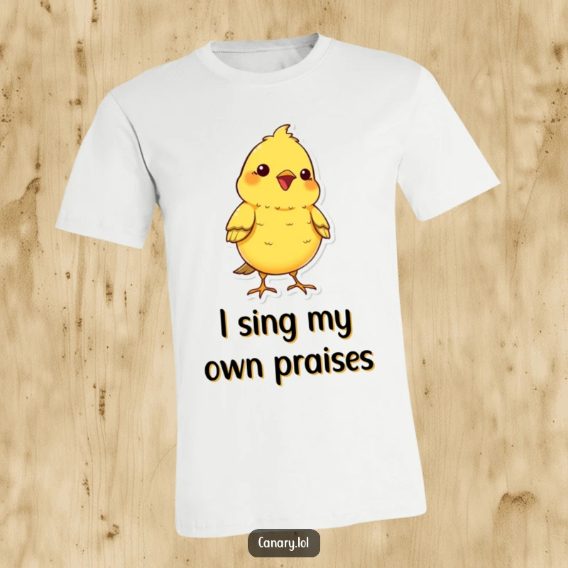 Funny kawaii canary bird t-shirt, chest puffed out, emitting a cheerful chirp, showcasing a humorous and happy design.
