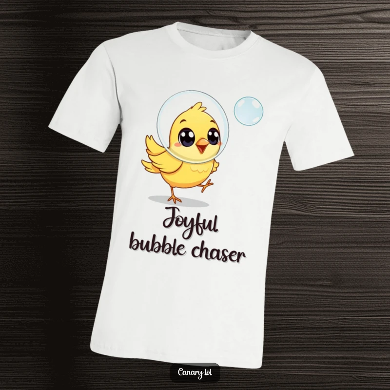 Funny canary bird t-shirt, joyfully chasing a floating soap bubble with wide, happy eyes, whimsical design.