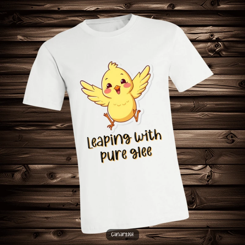 Funny happy canary t-shirt featuring a bird leaping with wings spread, embodying pure joy and comical exuberance, perfect for active spirits.
