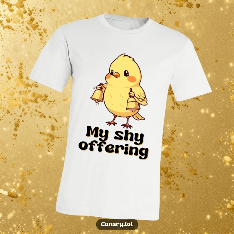 Funny Shy Canary Bird T-Shirt: A timid bird extends a wing to offer a small, gleaming bell, embodying sweet shyness and humor.