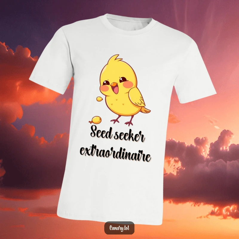 Funny kawaii canary t-shirt featuring a bird excitedly pecking at a seed, a humorous and energetic design.