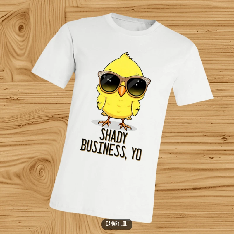 Funny canary bird wearing oversized, sparkly sunglasses on a t-shirt, looking sassy and stylish.