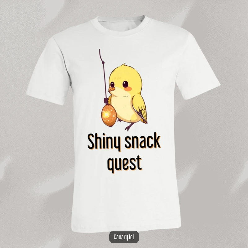 Funny T-Shirt featuring a curious canary bird with intense focus, pecking at a sparkling, dangling seed, a quirky scene.