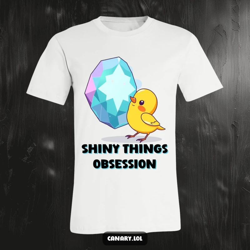 Funny t-shirt showcasing a canary bird pecking at a large, glittering gemstone with intense curiosity and playful delight.