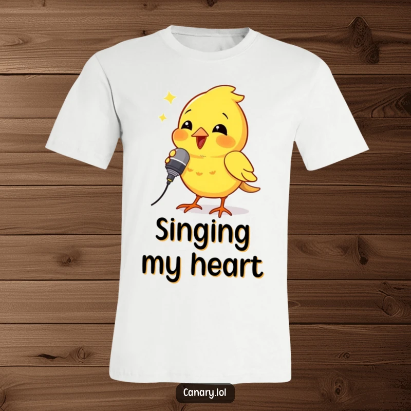 Funny t-shirt graphic of a canary bird holding a miniature microphone and singing its heart out with expressive passion.