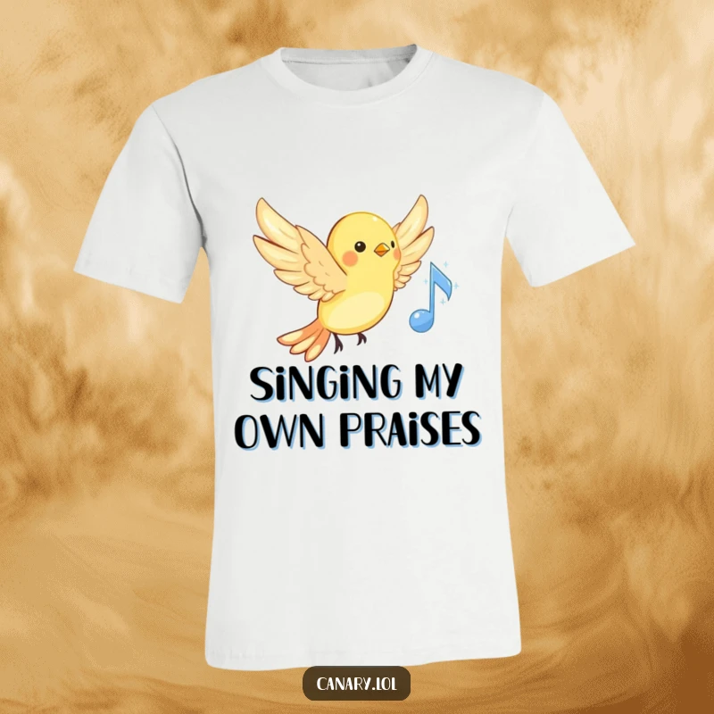 Funny canary t-shirt, wings spread wide near a sparkling musical note, depicting a cheerful bird in mid-song, great gift.