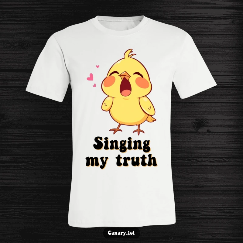 Funny t-shirt featuring a tiny canary passionately singing with its mouth wide open, capturing the joy of music and expression.