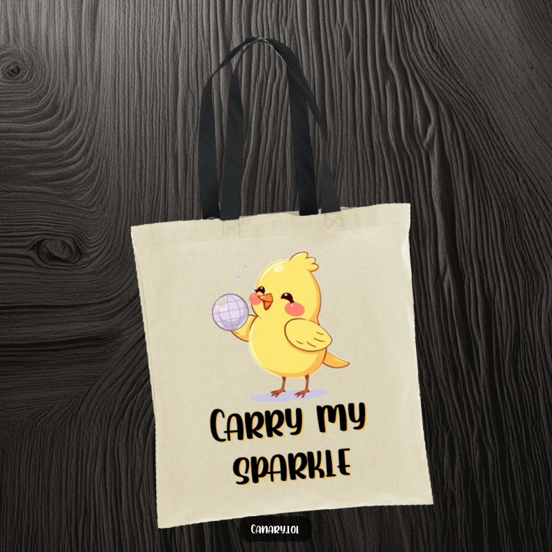 Funny canary bird, small and round, spinning a shiny disco ball, on a durable tote bag.