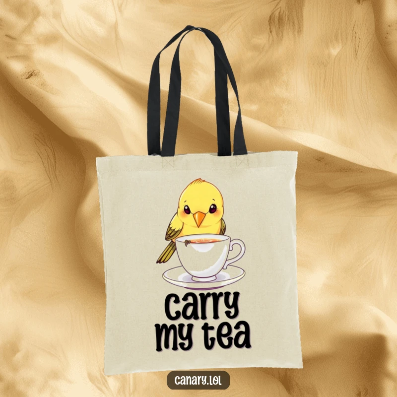 Funny canary bird tote bag, playfully dipping beak into a tiny, sparkling teacup, stylish and humorous accessory.