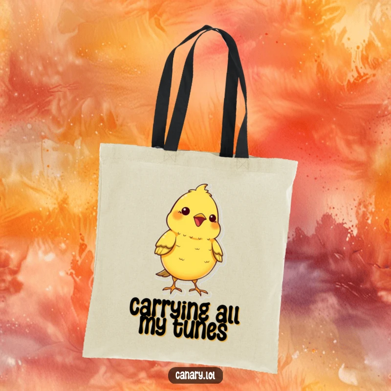 Funny kawaii canary bird tote bag, puffing its chest out and chirping cheerfully, a humorous and practical accessory.