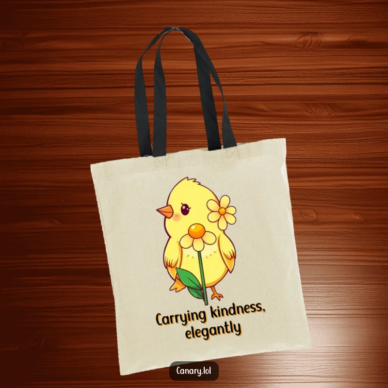 Funny tote bag featuring a shy canary with a soft smile, holding out a single, delicate flower, a symbol of sweet affection.