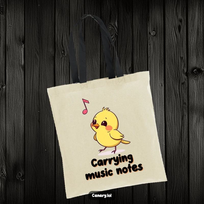 Funny Tote Bag illustrating a canary playfully pecking at a floating musical note with mischievous glee, symbolizing musical fun and lightheartedness.