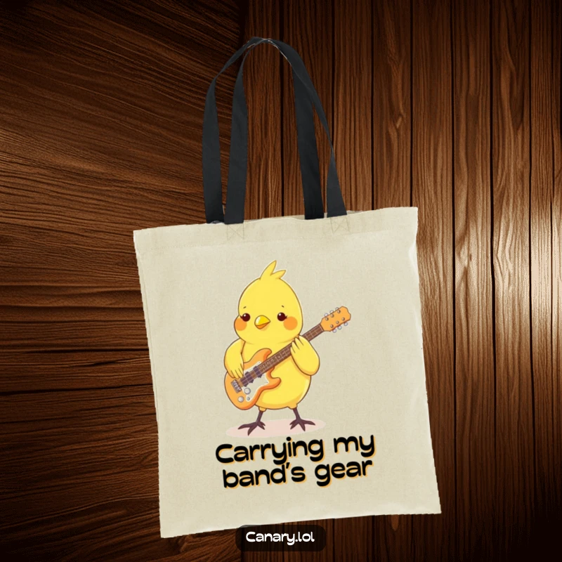 Funny Canary Tote Bag: A cheerful bird playing a tiny guitar with its feet, ready to carry your things with musical flair.