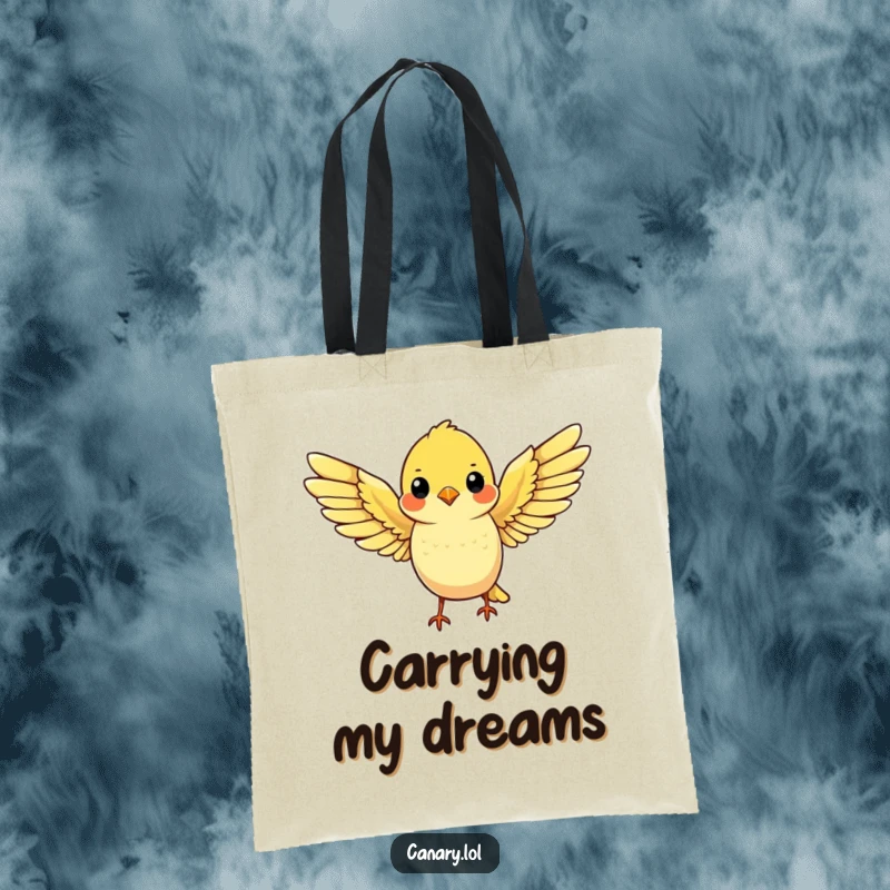 Funny tote bag illustration of a cute yellow canary spreading its wings wide, ready to embark on a flight.