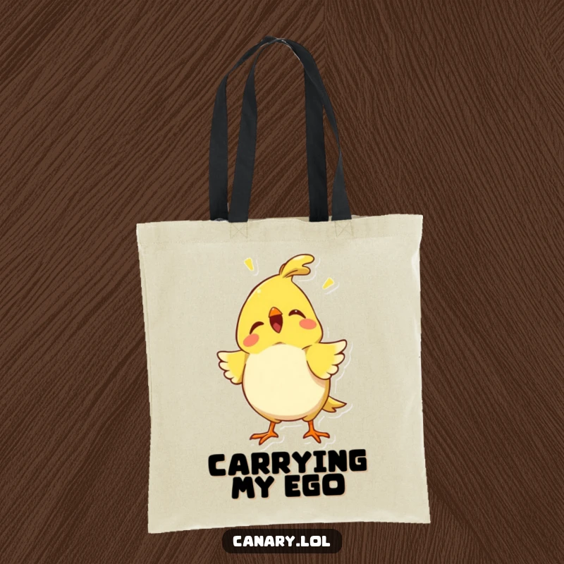 Funny proud canary tote bag with chest puffed out and chirping, perfect for carrying essentials with a humorous, confident flair.