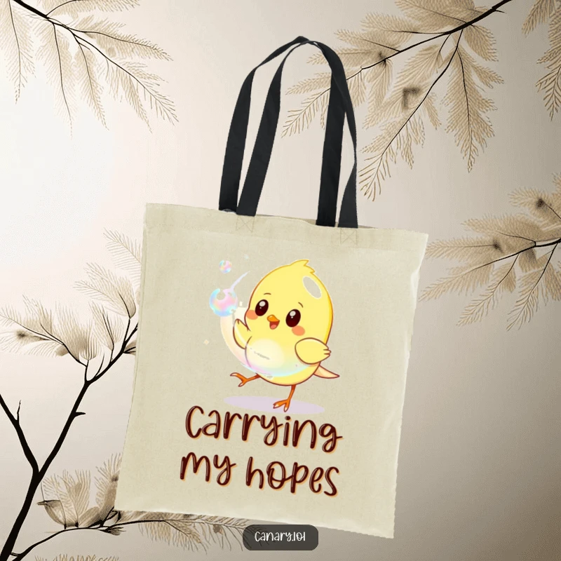Funny Tote Bag print of a yellow canary playfully chasing a shimmering iridescent bubble, showcasing a moment of delightful fun.