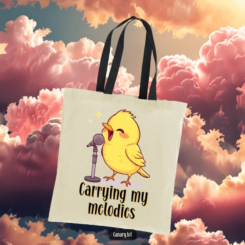 Funny Tote Bag: A delighted canary beams while singing into a small microphone, perfect for carrying song sheets and good tunes.