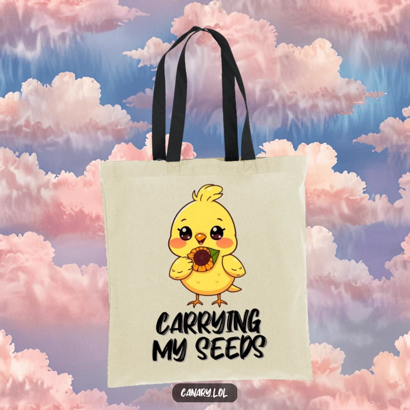 Funny canary bird tote bag, radiant smile, balancing a sunflower seed on its nose, stylish and amusing accessory.