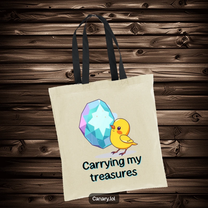Funny tote bag with a curious canary bird pecking at a large, radiant gemstone, showcasing a humorous appreciation for sparkle.