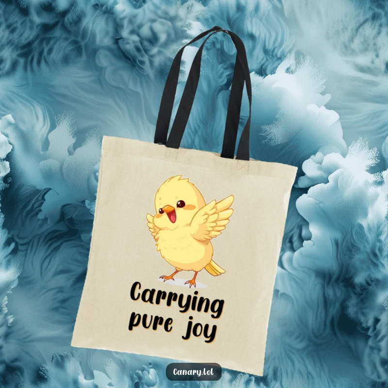 Funny Tote Bag showcasing a fluffy canary bird, its wings fluttering with excitement, perfect for carrying essentials with joy.