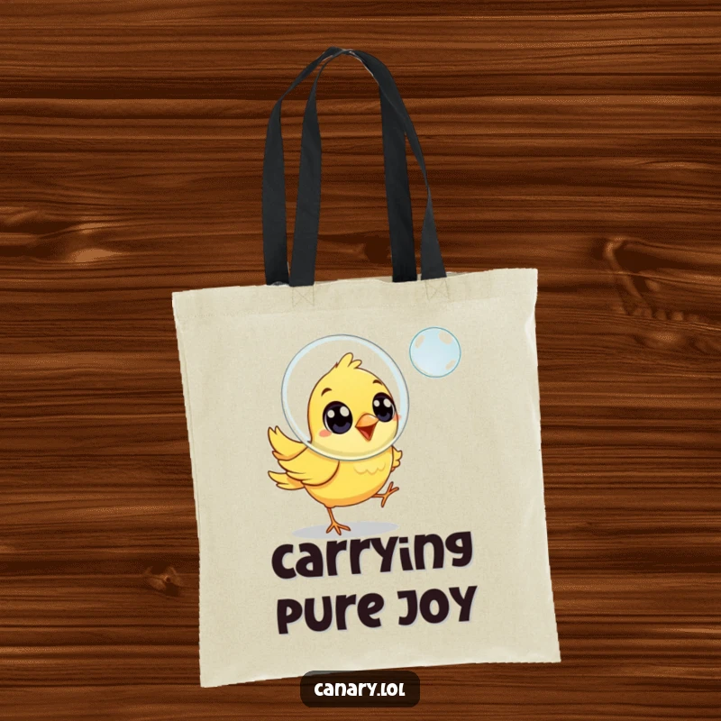 Funny canary bird tote bag, joyfully chasing a floating soap bubble with excited eyes, whimsical accessory.