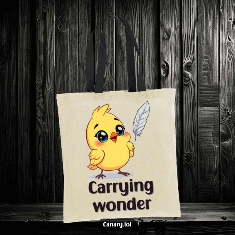 Funny astonished canary bird tote bag, wide eyes, witnessing a floating feather dramatically. A humorous and practical accessory.