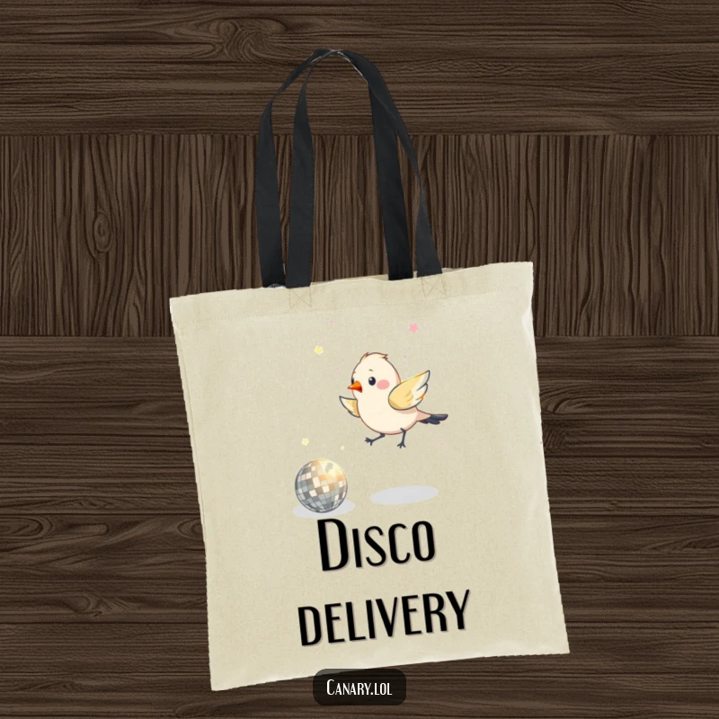 Funny tote bag with an energetic bird hopping around a shimmering disco ball, ready for any fun occasion.
