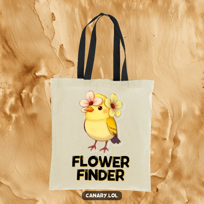 Funny small canary bird tote bag, comically wearing a flower as a hat. A practical and humorous accessory for carrying essentials.