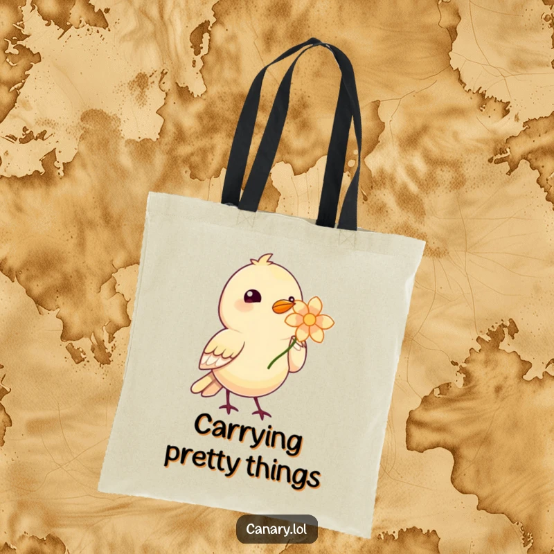 Funny Bird Bouquet Tote Bag showing a cute bird presenting a single, bright flower, perfect for carrying treasures.