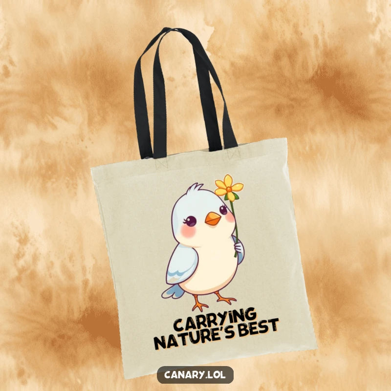Funny Bird Tote Bag: A bird with a bright flower in its beak, designed for carrying your items with adorable, floral flair.