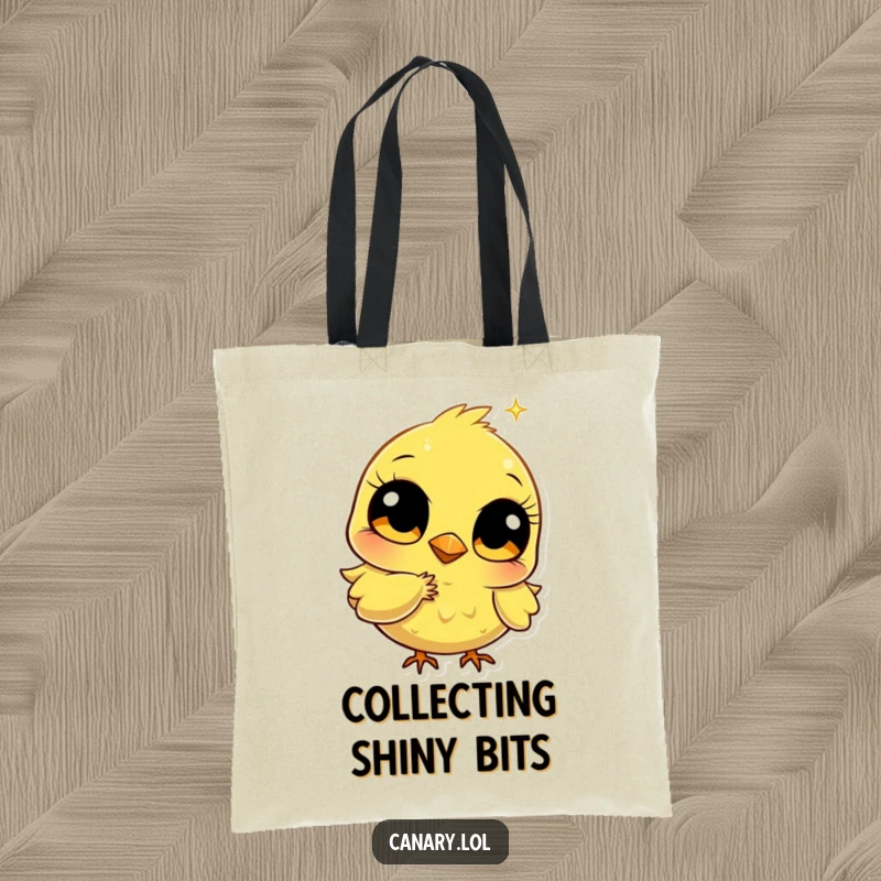 Funny stylized canary tote bag with big bright eyes pecking a golden sparkle, perfect for carrying essentials with a humorous, whimsical flair.